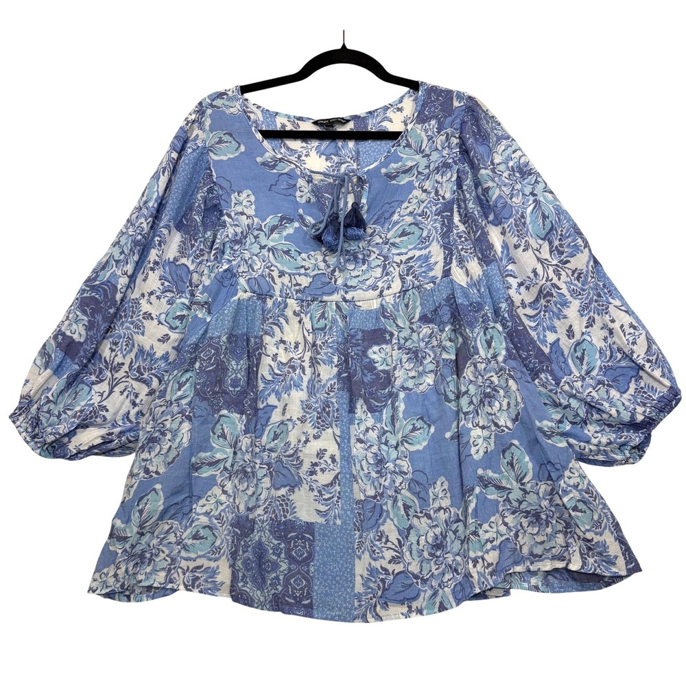 Unique Spectrum 2X Peasant Blouse Blue Floral Patchwork Tassel Boho Beach Summer